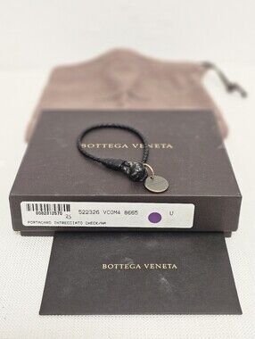 Authentic Bottega Veneta Black Braided Leather Knot Bracelet with Logo Tag & Box